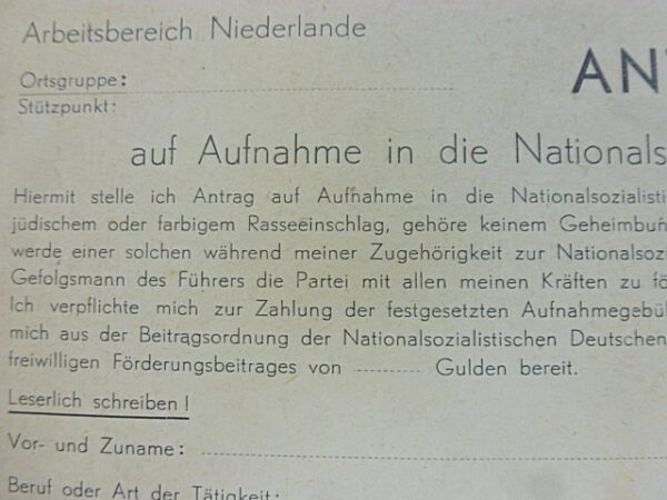 NSDAP aanmeldingsformulier Nederland - Afbeelding 2